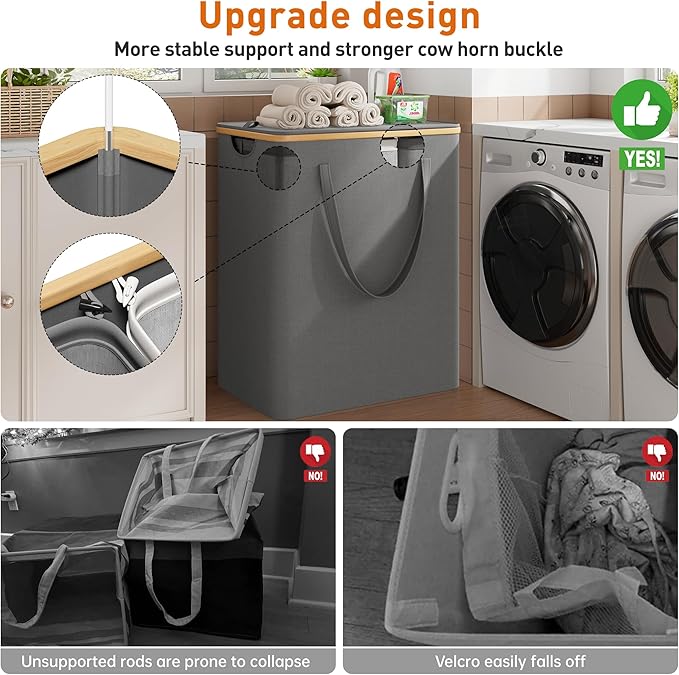 170L Laundry Hamper with Lid 3 Section, Extra Large Laundry Basket with 3 Removable Bags, Laundry Basket Organizer for Bedroom, Laundry Room, Dorm, Clothes Hamper, Grey