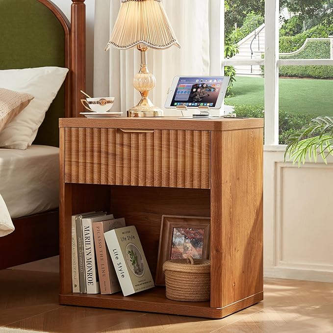 LEYAOYAO Fluted Nightstand with Charging Station, 23" Wide 1 Drawers Night Stand,Brown End Table with Open Storage,Farmhouse Bed Side Tables, Wood Dresser for Bedroom, Living Room, Closet