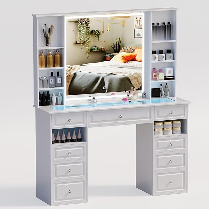Extra Large Vanity Desk with Lighted Mirror, Makeup Vanity with RGB Glass Top, White Vanity Table with 9 Drawers, Tall Dressing Table with Crystal Ball Knobs (Minimalist Style)