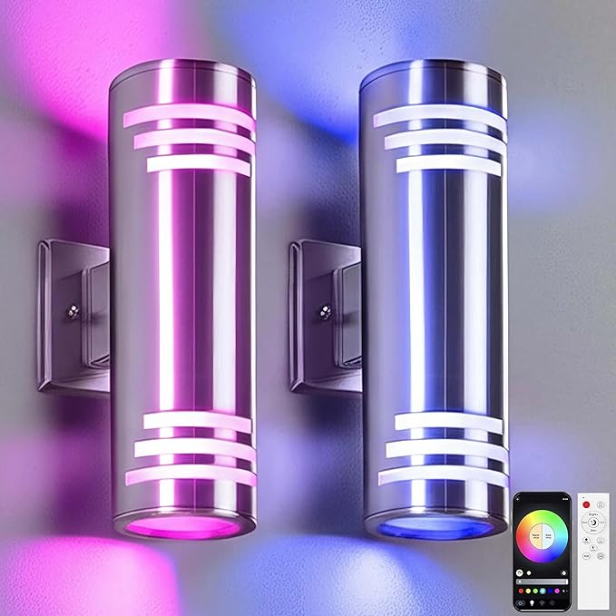 SHIMR Smart RGB Outdoor Wall Lights, WiFi LED Color Changing Exterior Sconce, APP Control Stainless Steel Porch Light Fixture with Remote for House Garage, No Hub Required Compatible with Alexa