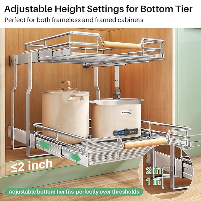 Kitstorack Pull out Cabinet Organizer, 2 Tier Heavy Duty Smooth Sliding Under Cabinet Shelves for Pots and Pans,Roll out Drawers with Thickened Chrome Plating(17" W X 21" D)