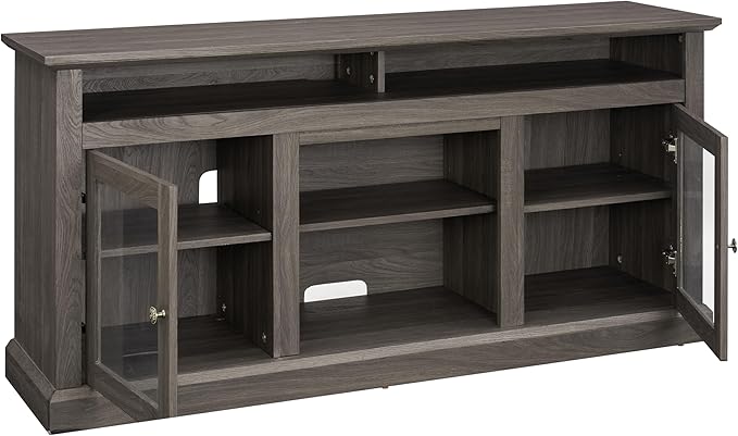 HMFULE 60" Farmhouse TV Stand for 60 65 Inch Television, Entertainment Center with 2 Storage Cabinets Glass Doors & Adjustable Shelves, Rustic Media Console Furniture for Living Room (Dark Walnut)