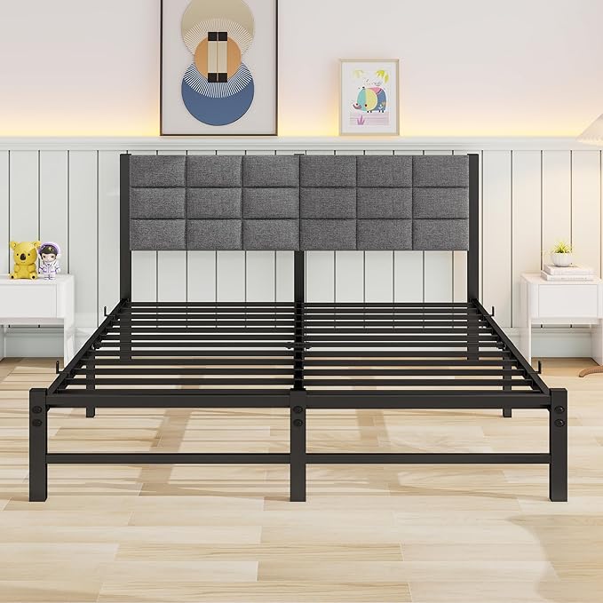 Queen Size Bed Frame with Headboard,Upholstered Bed Frame Queen,Platform Bed Frame with Heavy Duty Metal Slat Support/Queen BedFrame No Box Spring Needed/Under Bed Storage/Easy Assembly,Grey