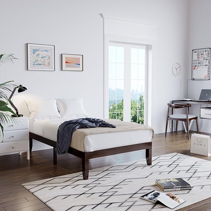 Giantex 14 Inch Twin Wood Platform Bed Frame, Minimalist Mattress Foundation with Solid Rubber Wood, Heavy Duty Wood Slat Support, Without Headboard, Easy Assembly, No Box Spring Needed, Espresso