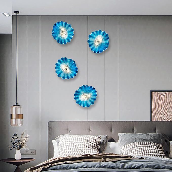 Hand Blown Glass Plate Wall Decor, Modern Unique Glass Wall Art, Lotus Leaf Wall Plate Shape Wall Sconce with Transparent and Easy to Clean for Staircase, Living Room, Kitchen, Hallway (Blue-1)