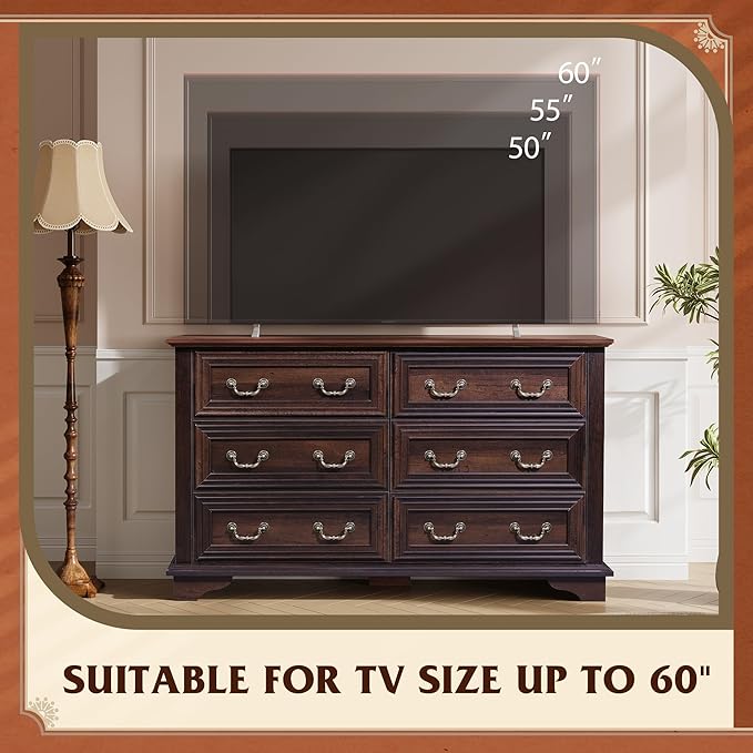 WLIVE Wood Dresser for Bedroom with 6 Drawer, 51.97'' Wide, Farmhouse Long Storage Dresser Organizer with Roman Metal Handle, TV Stand for 60 inch TV, Chest of Drawers for Living Room, Hallway, Brown