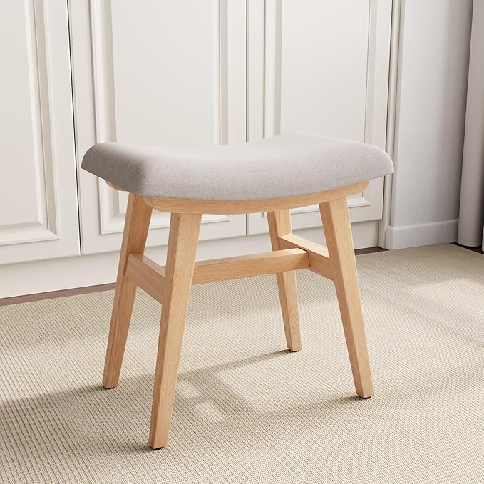 Solid Wood Small Vanity Stool, Compact Makeup Chair with Saddle Cushion, Linen-Covered High Rebound Sponge Seat, Easy Assembly Footstool for Bedroom, Entryway, Home, Natural