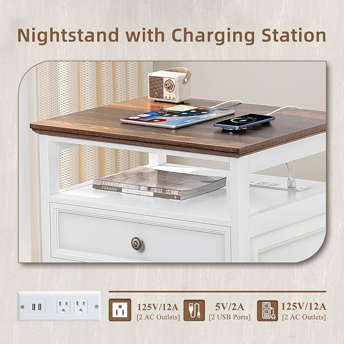 Farmhouse Nightstand Set of 2 with Charging Station, 24" Wide End Table with 2 Drawers,Dresser for Bedroom,Bed Side Table Chest of Drawers Cabinet,Wood White Night Stand for Living Room