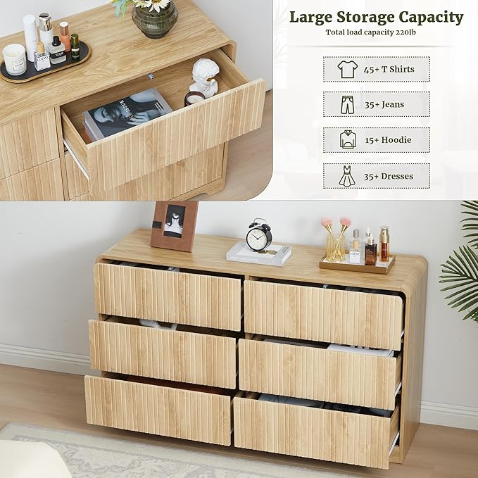 Fluted 6 Drawers Dresser for Bedroom, 53" Wide Mid Century Modern Chest of Drawer with Curved Profile Design, Large Double Wood Dresser for Living Room