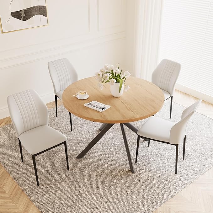 45.3 Inch Round Dining Table Set for 4, Mid Century Modern Small Kitchen Coffee Set for Dining Room Kitchen Apartment (Oak Table + 4 White Chairs)