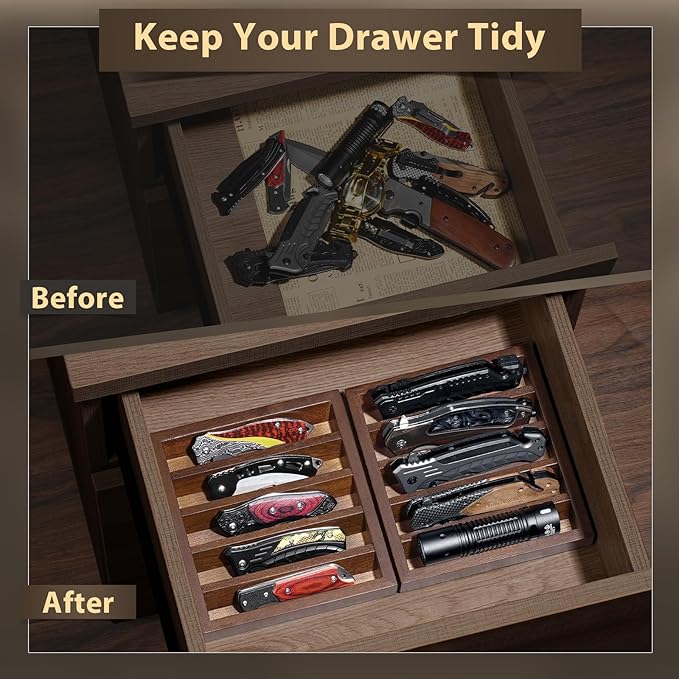 Knife Display Case Knife Holder for Pocket Knife Case Storage, Edc Tray Fits Edc Flashlight (Walnut,1 Pack)