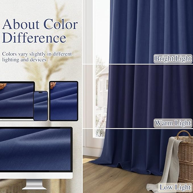 Guken Blackout Curtains 120 Inch Length 2 Panels Set for Living Room Bedroom Back Tab Thermal Insulated 100% Black Out Linen Drapes Room Darkening Window Curtains 120 Inches Long,Classic Blue