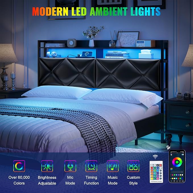 Headboard Queen Size with 2-Tier Open Storage and LED Light, Upholstered Headboard with Charging Station, Height Adjustable Sturdy Queen Bed Head Only for Dorm Bedroom, Easy Assembly, Black