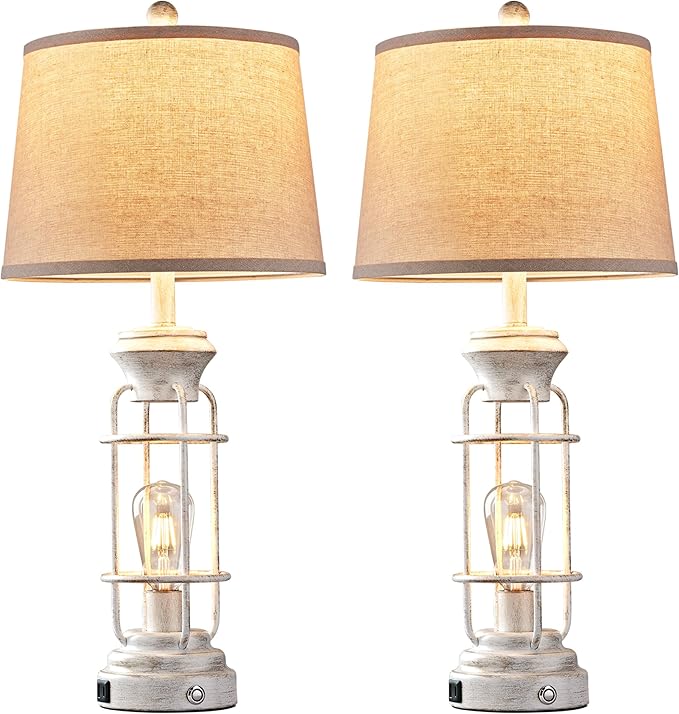 Farmhouse Lamps Set of 2, 28.5" Touch Lamps for Nightstand with USB C+A Ports, LED Bulbs Included