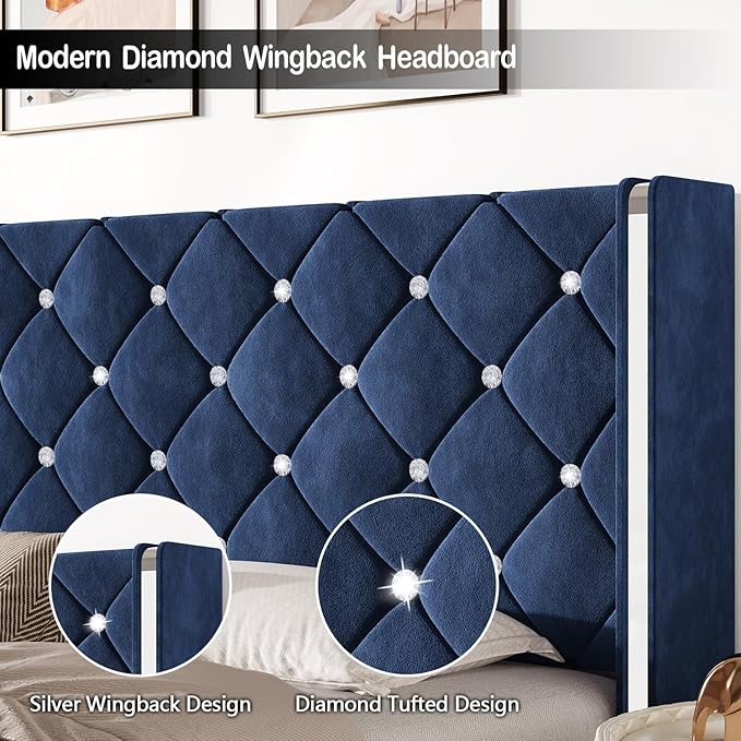 HOMBCK Twin Bed Frames, Upholstered Platform Bed with Diamond Tufted Headboard, Modern Velvet Bed Frame with Wingback Design, No Box Spring Needed, Easy Assembly, Blue