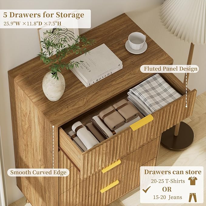 LYNSOM Fluted 5 Drawers Dresser, 45" Tall Modern Chest of Drawers with Curved Profile Design and Metal Handle, Wood Drawer Organizer for Bedroom, Living Room, Hallway, Entryway, Natural Oak