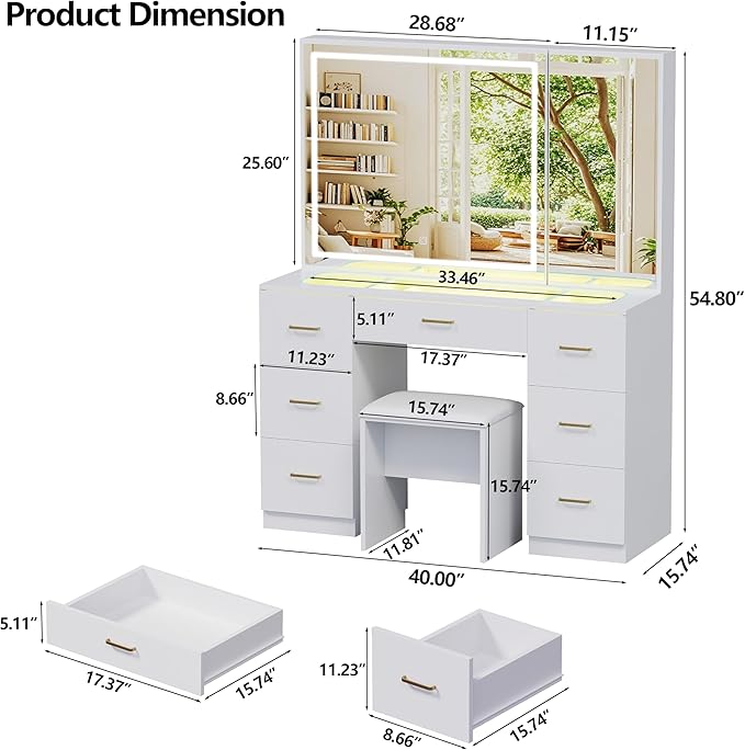 Galss Top Vanity Desk with Mirror and Lights, Large Storage Makeup Vanity with 7 Drawers, White Vanity Table with Side Glass Cabinet, Adjustable Brightness Dressing Table Set with Stool