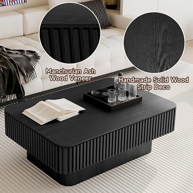 Lift Top Coffee Table for Living Room,Rectangle Handmade Solid Wood Strips, Fluted Coffee Table with Hidden Storage Compartment for Small Space Office Apartment (38.6"L×26.8''W×13.8''H-Black)