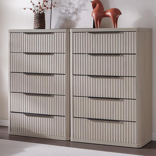 SICOTAS Dresser for Bedroom - Tall Dressers & Chests of Drawers with 5 Drawers Large Modern Dresser for Closet Fluted Wide TV Stand Clothes Closet Storage for Bedroom Hallway Entryway, White Alder