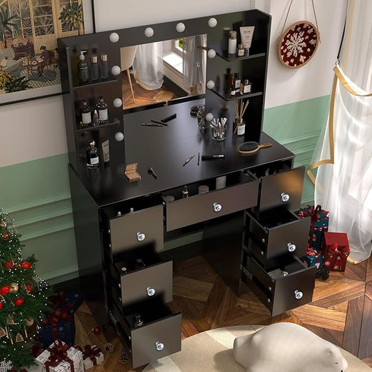 Makeup Vanity Desk with Mirror, Vanity Desk Set with Lights 3 Colors, 7 Drawers & 2 Storage Shelves, Large Vanity Table for Girls Bedroom, Black