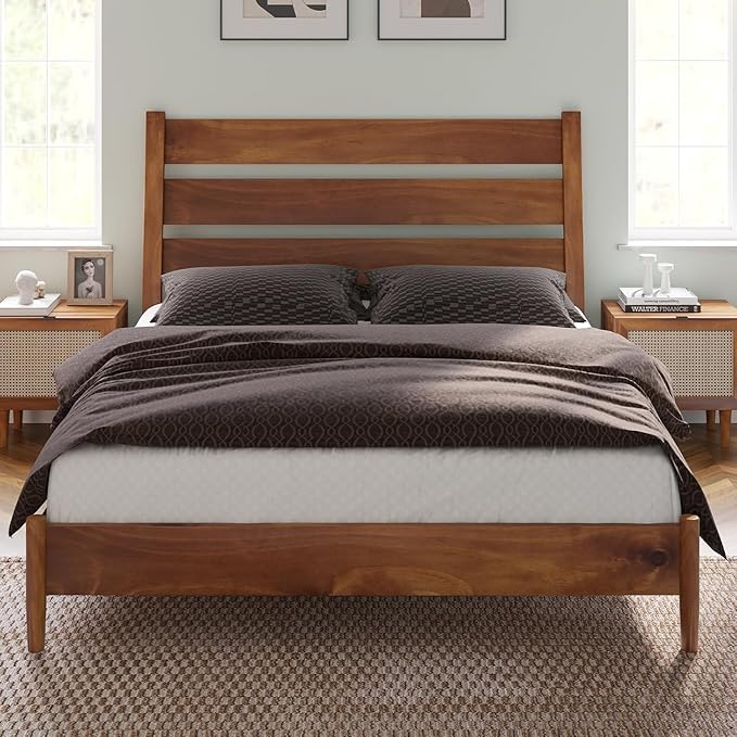AMERLIFE Solid Wood Bed Frame Full Size, Mid Century Platform Beds with Reclining Slatted Headboard, Wood Slat Support/No Box Spring Needed/Noise Free, Light Brown