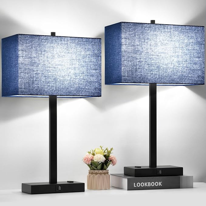 21" Touch Bedside lamps with 2 USB & AC Outlets, 3-Way Dimmable Bedside Table Lamps Set of 2 for Bedroom Living Room Office Reading, Blue Shade Lamps for Night Stands, 5000K LED Bulbs Included