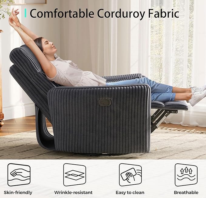 LINSY 360 Swivel Recliner Chair: Corduroy Rocking Chair Nursery Glider Chairs with 2 Pillows Comfy High Back Adult Recliner for Small Spaces, Living Room Bedroom Nursery Reclining Chairs, Dark Grey