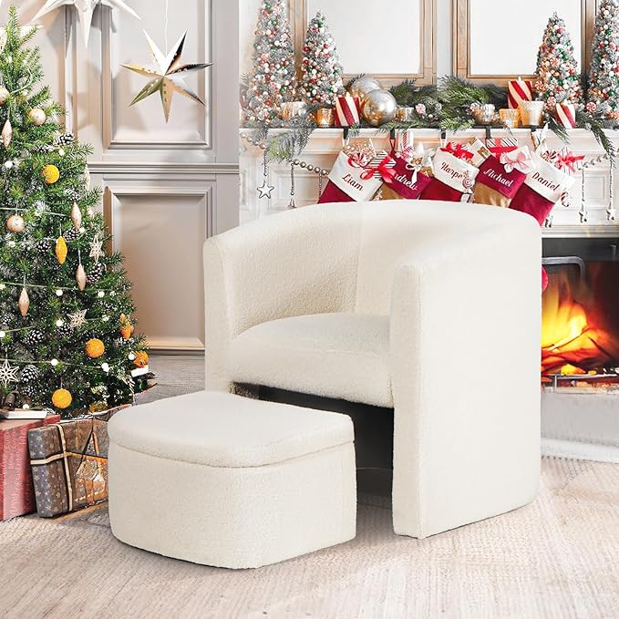 COLAMY Upholstered Sherpa Barrel Accent Chair with Storage Ottoman, Morden Living Room Side Chair, Single Sofa Armchair with Lounge Seat for Bedroom/Office/Reading Spaces, Cream