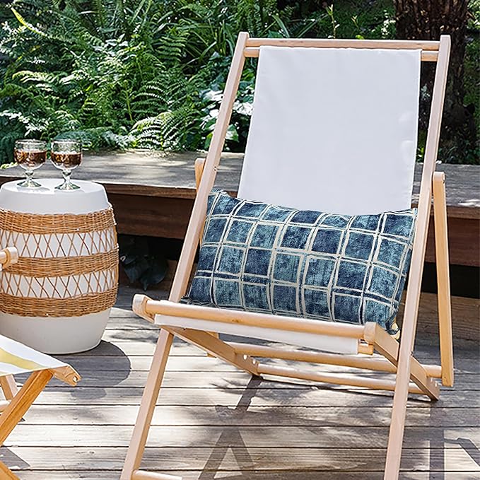 Outdoor Lumbar Pillow Covers 12”x20”, Rectangle Throw Pillow Covers for Patio Furniture, Decorative Lumbar Cushion Case for Garden Balcony Couch Office Chair, Pack of 2,Denim Blue Checkered