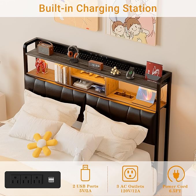 Unikito Headboard for Queen Size Bed Frame, Upholstered Head Board with Outlets, USB Ports and LED Light, Comfortable Leather Headboards with Storage Shelf, Sturdy Queen Bed Headboard Only, Black Oak