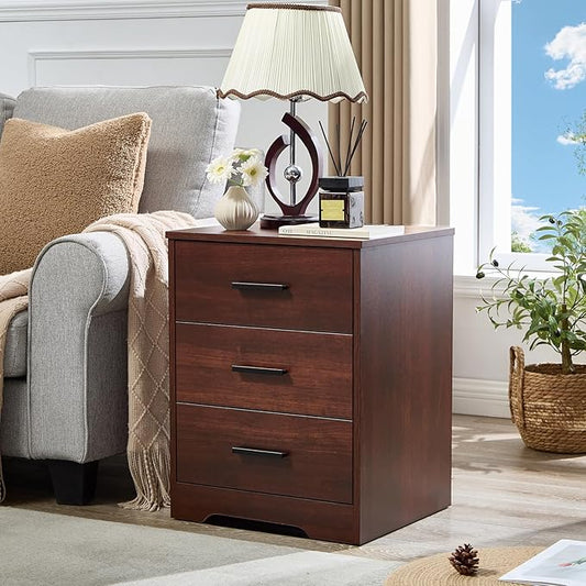 LIDYUK Dark Cherry Dresser for Bedroom, 3 Drawer Dressers & Chest of Drawers, Modern Wood Dresser with Charging Station, End Table Nightstand Bedside Table for Bedroom, Living Room