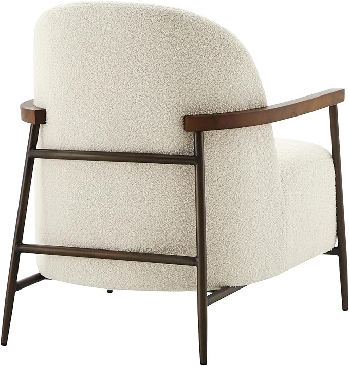 CHITA Accent Chair for Living Room, FSC Certified Modern Upholstered Faux Sherpa Fabric Armchair with Metal Frame and Wooden Armrests, Ivory