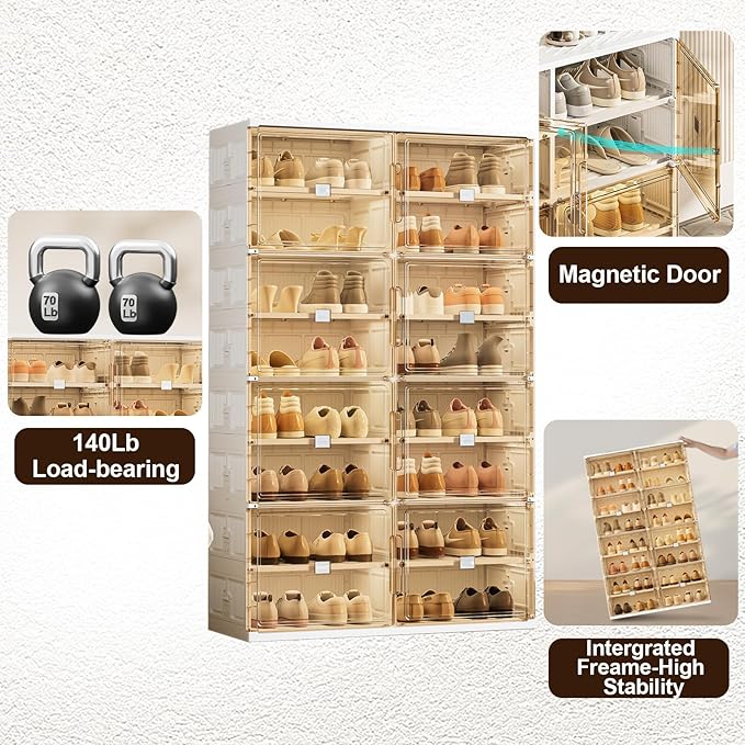 wesimple 36 Pairs Shoes Storage Cabinet of 3-Step Fast Installation,Plastic Shoe Rack with Clear Magnetic Door for Display, Shoe Organizer for Sneaker, Sandals, Heels (2 Row, 9 Tier)