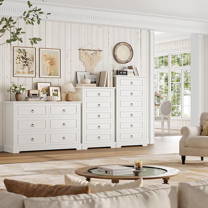 HOSTACK 6 Drawer White Dresser for Bedroom, 52" Tall Dresser, Modern Farmhouse Vertical Chest of Drawers for Bedroom, Wooden Closet Chest, Wood Storage Cabinet for Living Room, Hallway, Entryway
