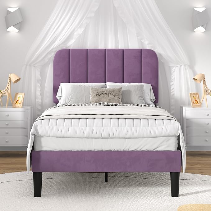 VECELO Twin Size Bed Frame with Upholstered Headboard, Velvet Platform Bedframe Mattress Foundation, Strong Wood Slat Support, No Box Spring Needed,Purple