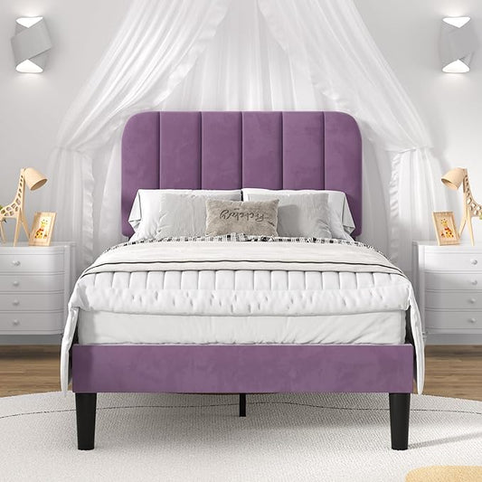 VECELO Twin Size Bed Frame with Upholstered Headboard, Velvet Platform Bedframe Mattress Foundation, Strong Wood Slat Support, No Box Spring Needed,Purple
