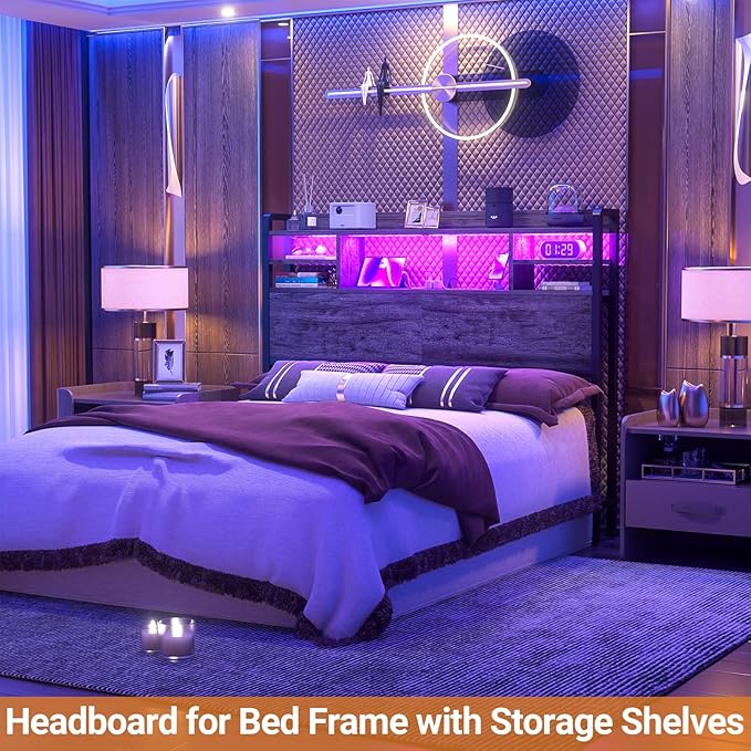 Aheaplus Headboard for Full Size Bed with Storage, Headboards with LED Light, Power Outlets, USB Ports Full Size Head Board, Wood headboard Only Sturdy and Stable Headboards, Modern, Black Oak