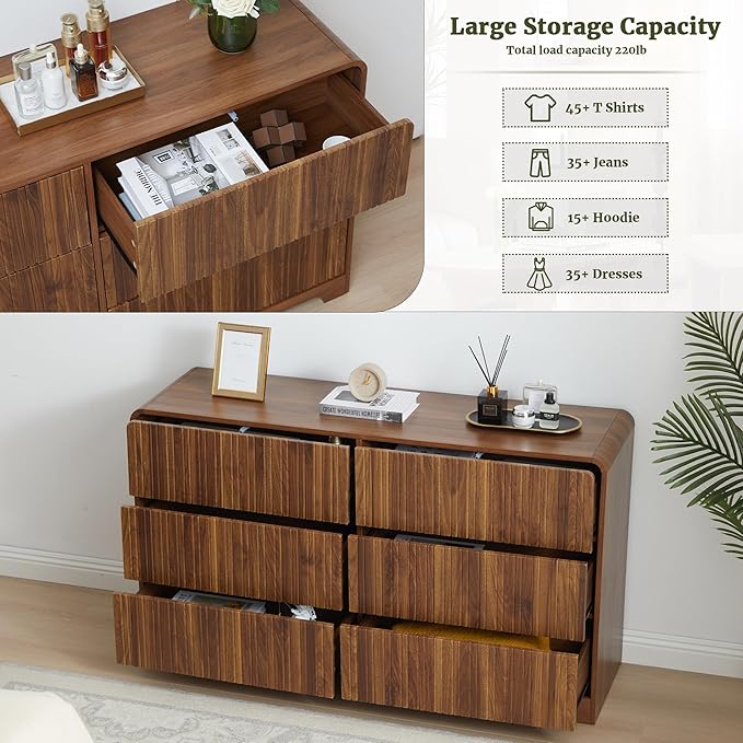 Fluted 6 Drawers Dresser for Bedroom, 53" Wide Mid Century Modern Chest of Drawers with Curved Profile Design, Large Wood Double Dresser for Living Room (Walnut)