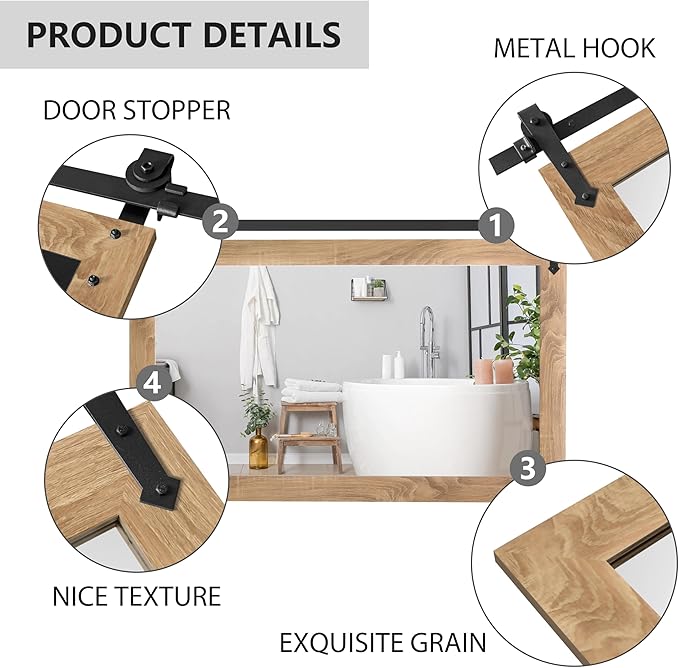 Farmhouse Mirror 42”x28” Bathroom Mirror for Over Sink, Bathroom Vanity Mirrors, Barn Door Style Mirror Farmhouse Decor