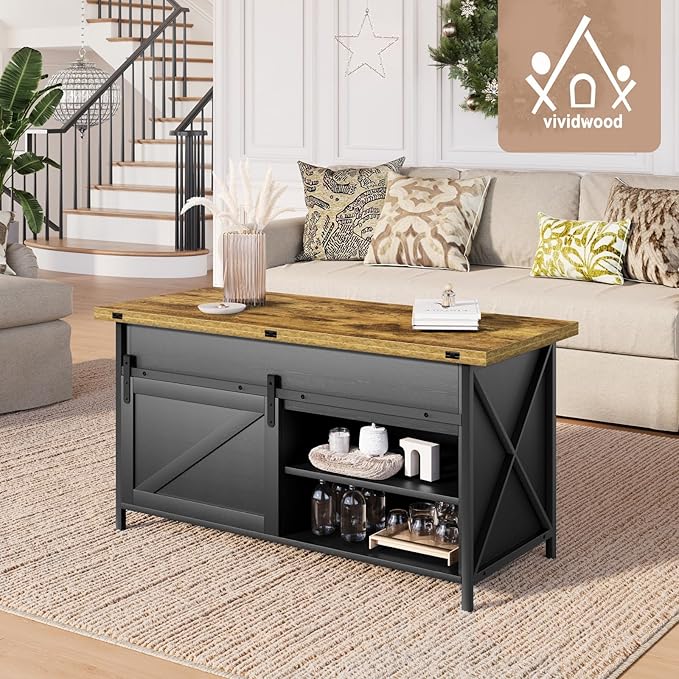 Lift Top Coffee Table with Storage and Sliding Door, 4 in 1 Multi-Function Convertible Tea Table with Hidden Compartment, Farmhouse Center Table with Wood Lift Tabletop for Living Room Black