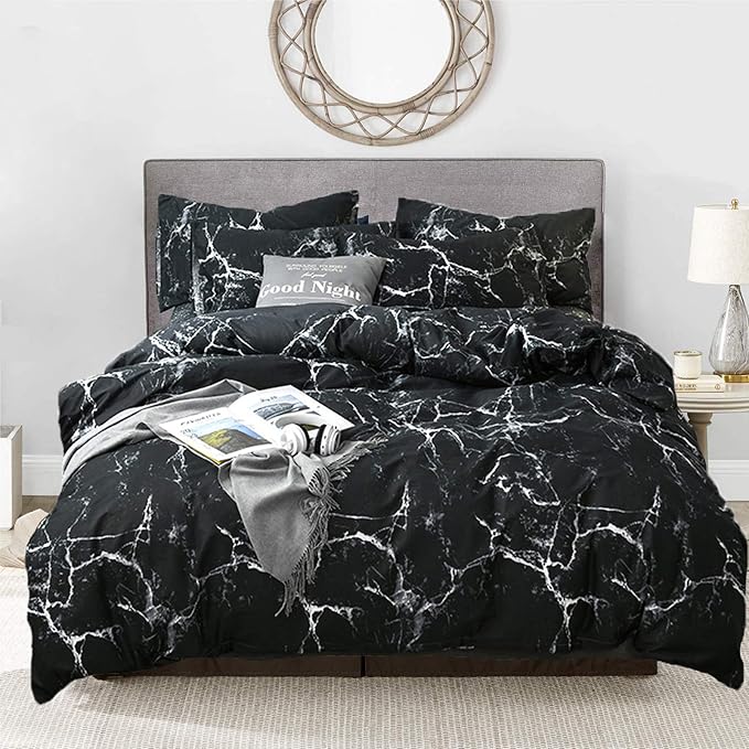 Luxlovery Black Marble Comforter Set King Black and White Marble Bedding Comforter Set Women Men Gothic Abstract Comforter King Size Breathable Soft Cozy Blanket Quilts Comforter with 2 Pillowcases