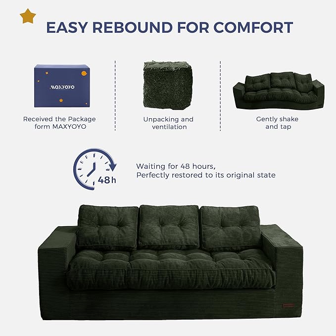 MAXYOYO 3 Seater Couch for Living Room, Boneless Couch with Tufted Cushion & Backrest, Upholstered Floor Sofa with Armrests, Sofa in A Box, No Assembly Required, Green