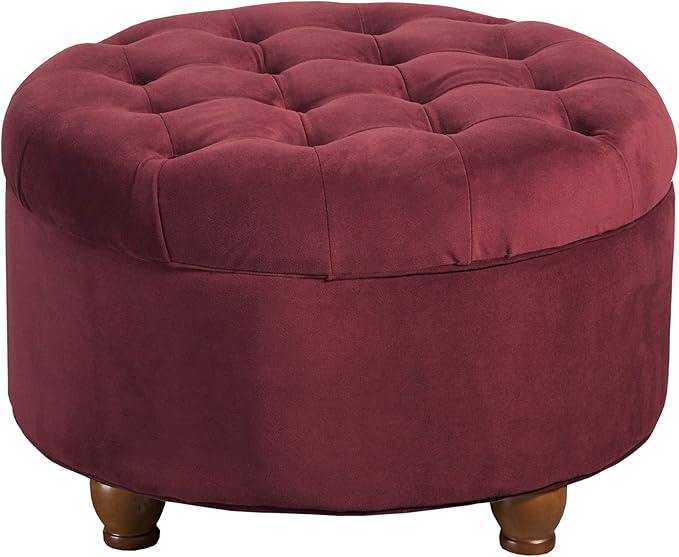 Homepop Home Decor |N8264-B119 | Large Button Tufted Velvet Round Storage Ottoman | Ottoman with Storage for Living Room & Bedroom, Berry