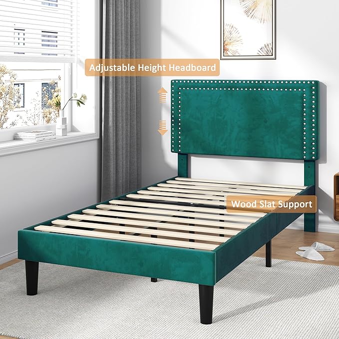 VECELO Twin Size Platform Bed Frame with Height Adjustable Upholstered Headboard, Modern Mattress Foundation,Strong Wood Slat Support, No Box Spring Needed, Easy Assembly