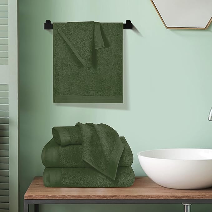 Ultra Soft 6 Pack Cotton Towel Set, Contains 2 Bath Towels 28x55 inch, 2 Hand Towels 16x24 inch & 2 Wash Coths 12x12 inch, Ideal Everyday use, Compact & Lightweight - Olive Green