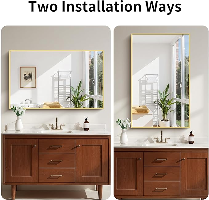 KOCUUY 30x48 Inch Large Gold Wall Mounted Mirror,Aluminum Framed Decorative Rectangular Bathroom Mirror for Wall Over Sink,Vanity Mirror for Bedroom Living Room Bathroom,Functional Oversized Mirror