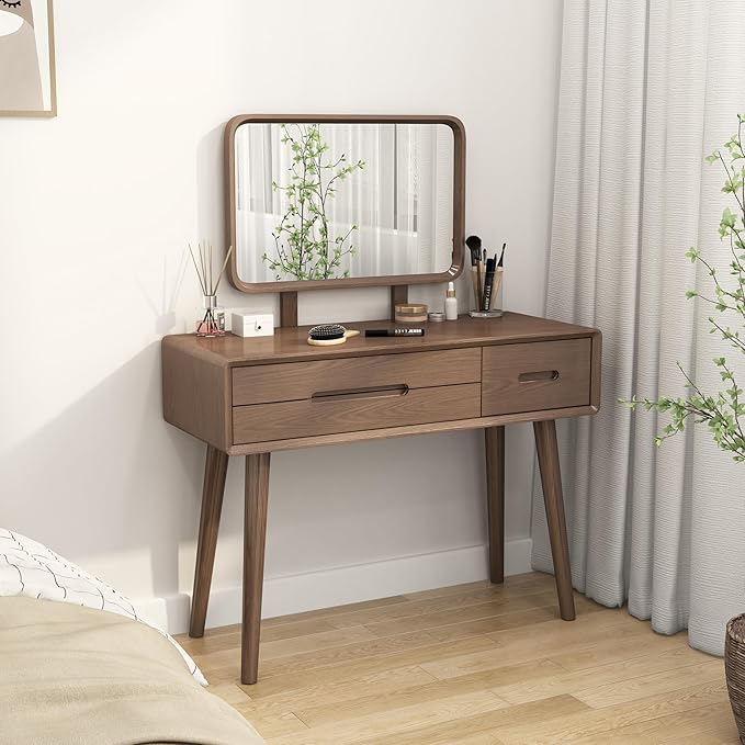 KungFuWood Natural Wooden Make up Table with Lighted Mirror,Soild Wooddressing Table with 3 Lighting Modes Brightness Adjustable,Drawers,Height Adjustable Mirror,Bedroom,Woman, Girl