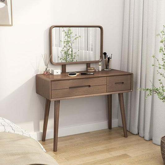 KungFuWood Natural Wooden Make up Table with Lighted Mirror,Soild Wooddressing Table with 3 Lighting Modes Brightness Adjustable,Drawers,Height Adjustable Mirror,Bedroom,Woman, Girl