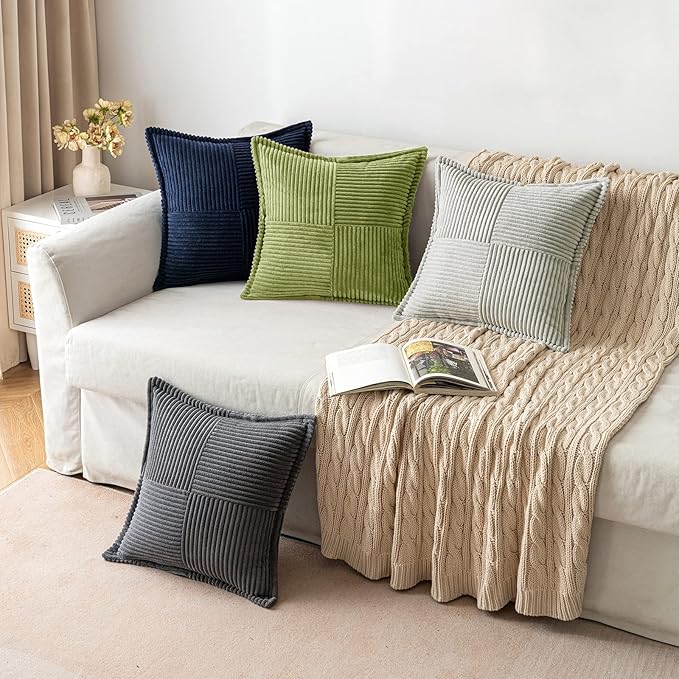 MIULEE Green Corduroy Decorative Euro Sham Pillow Covers 24x24 Inch with Splicing Set of 2 Soft Boho Pillow Covers Broadside Textured Summer Pillowcases for Couch Bed Livingroom