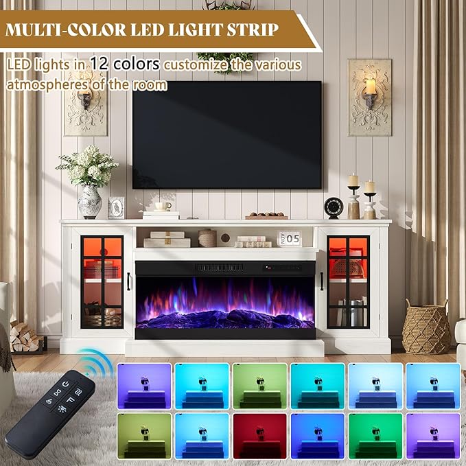 AMERLIFE 75in 3-Sided Glass Fireplace TV Stand with LED Lights for TVs up to 85", Rustic Fireplace Media Entertainment Center Console Table Cabniet with Glass Door Closed Storage, Distressed White